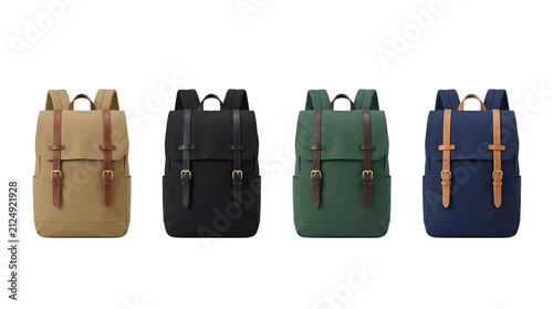 Four different colored vintage style canvas backpacks with brown leather straps arranged in a high quality 4K PNG image in white background