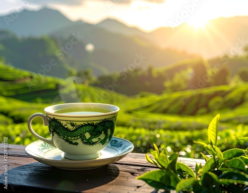 Cup of tea sits on a wooden table, overlooking a tea plantation at sunset