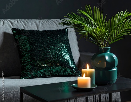 Cozy living room corner with green sequin pillow, candles, and vase of palm fronds