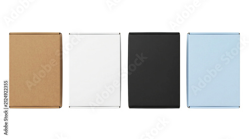 Four rectangular boxes in different colors and textures standing upright in a horizontal row high quality 4K PNG image in white background