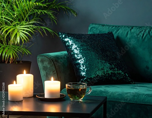 Serene living room scene with velvet sofa, candles, tea, and potted plant