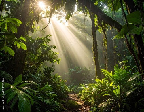 Lush rainforest scene, sunlight bursts through the canopy illuminating a verdant path