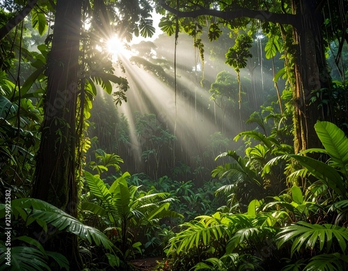 Sunlight streams through a lush rainforest canopy. Dense green foliage glows