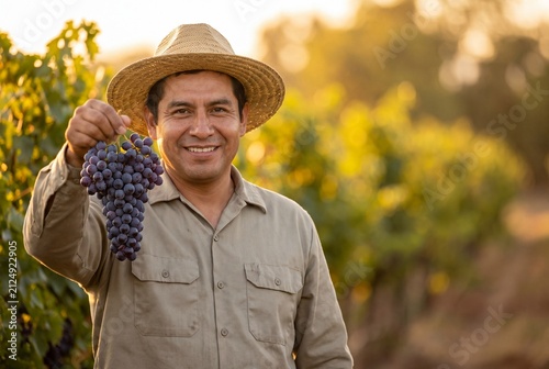A proud Hispanic male farmer wearing a straw hat smiling and holding a large bunch of ripe red grapes in a sunny vineyard at golden hour.