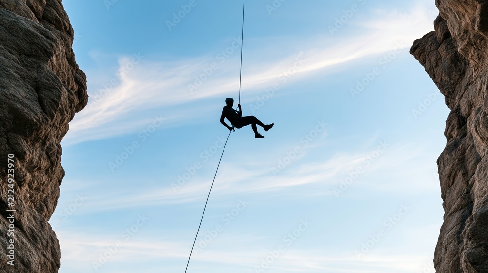 Fototapeta premium Climber silhouette rappelling between towering rock formations, demonstrating adventure and extreme sport