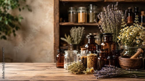  rustic apothecary setup featuring dried herbs, amber glass bottles, and a wooden mortar on a wooden table with a warm vintage background.