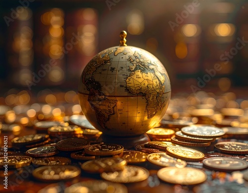 Miniature globe sits atop a pile of coins, with blurred books in background