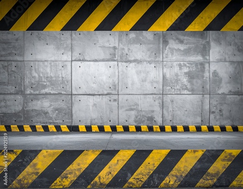 Concrete wall with yellow and black hazard stripes, creating a construction site vibe