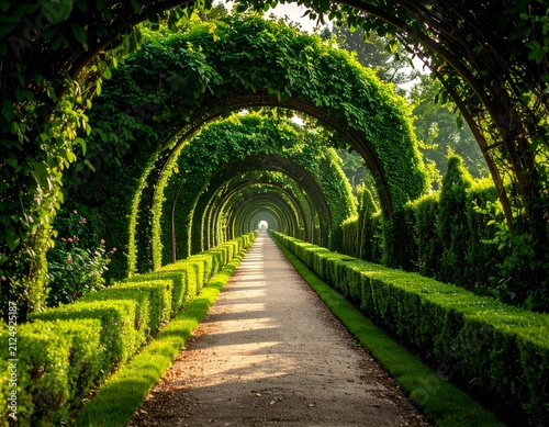 A lush, sunlit garden walkway with arched green trellises extending into the distance