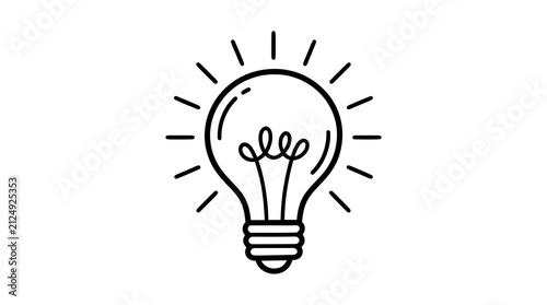 Minimalist light bulb line art icon, glowing electric lamp symbol of innovation and creativity, simple black outline lightbulb on white background