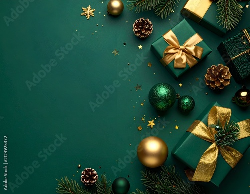 Christmas flat lay of dark green gifts, ornaments, pine and scattered sparkle