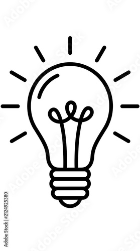 Minimalist light bulb line icon, glowing incandescent lamp symbol for creative ideas, black and white lightbulb illustration for business innovation