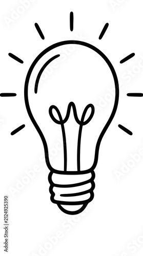 Minimalist light bulb icon, hand drawn lightbulb line art illustration, glowing lamp symbol for creative ideas and innovation on white background