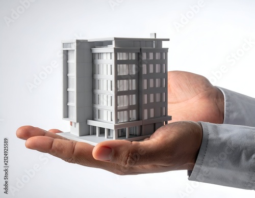 Human hands cradle a miniature, white building model against a clean, white background