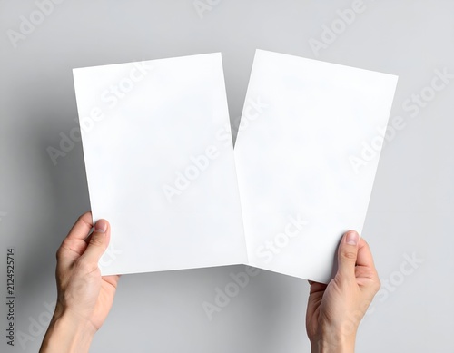 Human hands holding open white papers against a neutral background