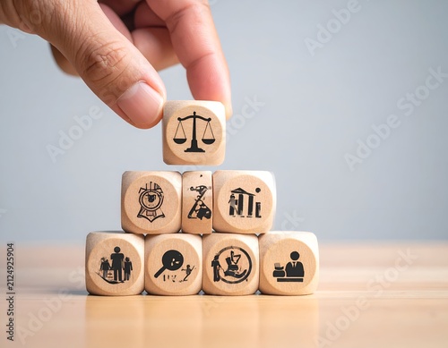 Hand placing dice with scales atop a pyramid of wooden cubes, each with an icon
