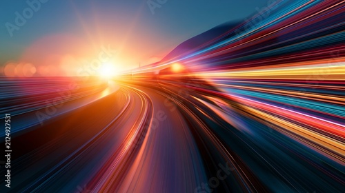High speed future train accelerating on track with vibrant motion blur, abstract light trail, and fast digital data movement