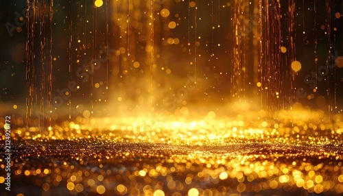 Shimmering cascade of golden bokeh lights creates a mesmerizing, sparkling, warm, abstract background
