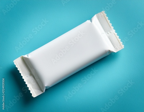 blank white snack bar or protein bar package mockup on light blue background