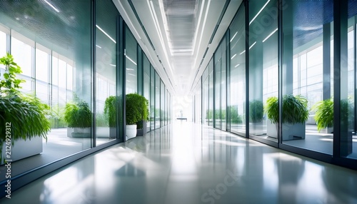 blurred bright modern office corridor with glass partitions and green plants clean professional workplace interior minimal background for business corporate healthcare tech banners and web design