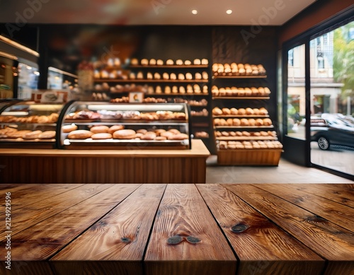 foreground of wooden table with a blurred bakery shop displaying delicious treats in the background