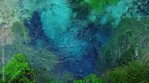 Top view of turquoise water at Blue Eye spring in Albania