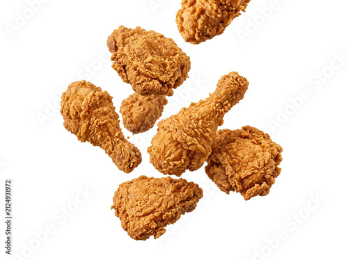 A collection of crispy fried chicken pieces is captured in mid-air against a white background. The golden brown texture highlights the delicious appeal of the fried chicken.