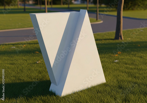 White Minimalist Geometric Sculpture in a Public Park Setting