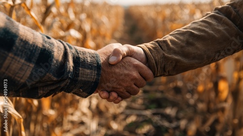 Rustic handshake in cornfield at sunset, farmer agreement closeup, teamwork partnership gesture in autumn harvest