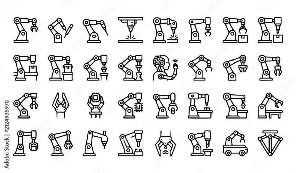 Obraz premium Industrial Robotic Arm and Surgical Robot Line Icon Set Vector EPS 10
