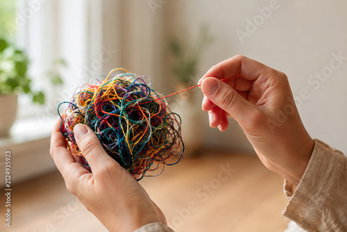 A pair of hands meticulously a untangles colorful yarn ball, capturing a moment of focused crafting and creative preparation.