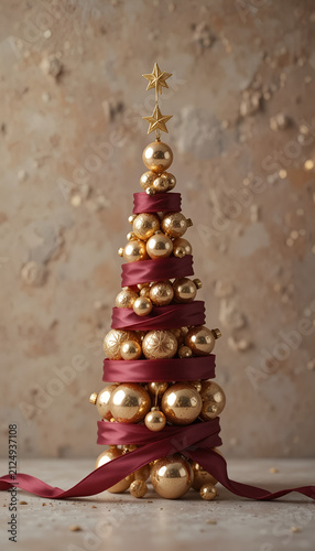 Minimalist Christmas tree made of vintage gold ornaments on burgundy ribbon with a warm limestone background
