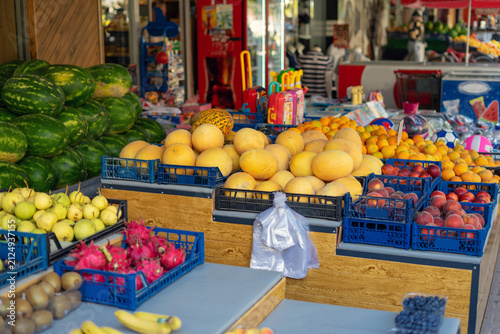 Alanya, Turkey, 22 July 2026: Fresh fruit display at a local street grocery store in Alanya, Turkey