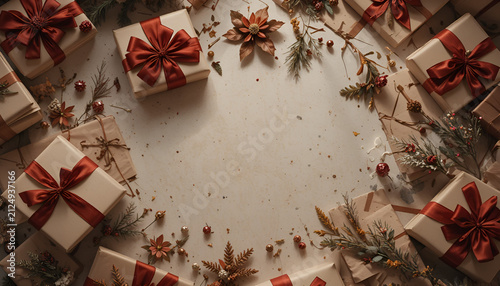 Gift wrapping station with holiday decorations and unfinished presents for Christmas concept