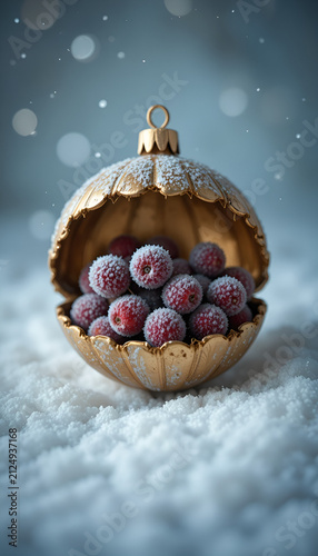 Frosted cranberries in vintage golden ornament shell on snowy background
