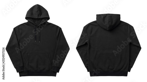 Studio flat lay view showing the front and back of a plain black cotton hoodie sweatshirt isolated on a white background.