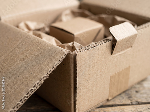 Interior view of eco cardboard box filled with protective paper cushion inserts