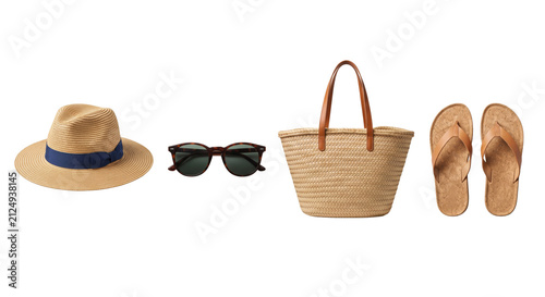 Konstfotografi Summer vacation accessories set with hat sunglasses woven bag and sandals