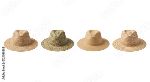 Фотография Collection of natural woven straw fedora hats
