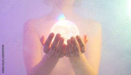 Soft Focus Hands Holding Glowing Crystal Ball in Pastel Mist