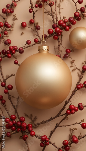 Gold Christmas ornament with soft finish among cranberry branches