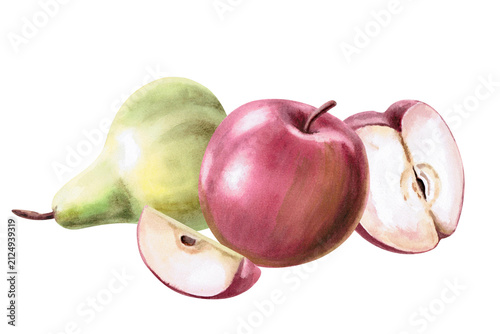 Composition of apples and pears. Isolated watercolor illustration for cafe menus, dessert labels, product packaging, culinary blogs, beverage advertising, natural cosmetics packaging.