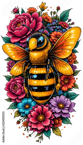 Bold charismatic bee surrounded by a vibrant bouquet of colorful flowers