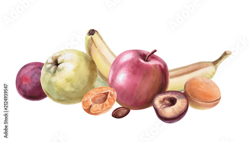 A composition of apples, pears, plums, apricots, and bananas. Isolated watercolor illustration for cafe menus, dessert labels, blogs, beverage advertising, and natural cosmetics packaging.
