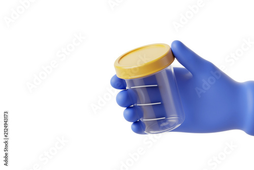 Blue Nitrile Glove Holding Clear Specimen Container with Yellow Lid