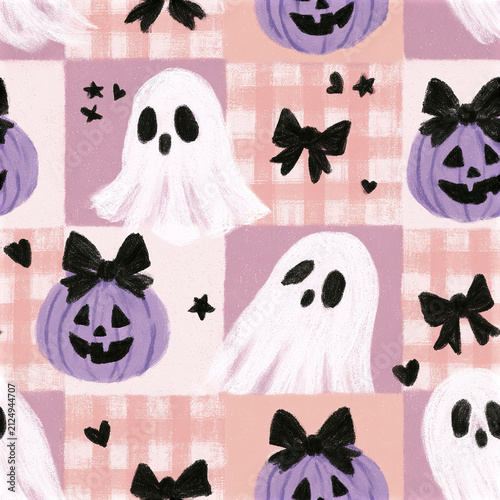 Coquette Halloween seamless pattern with cute white ghost and purple pumpkin with black bow on pink checkered background