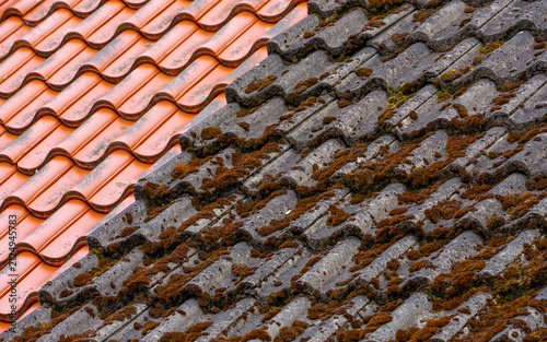 Old and New Roof Tiles Contrast with Moss and Weathering Detail