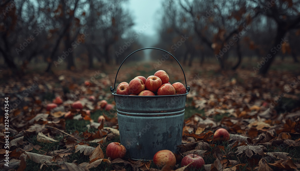 Fototapeta premium Basket of freshly picked apples in an orchard at dusk — part of a folk horror and dark poetry series