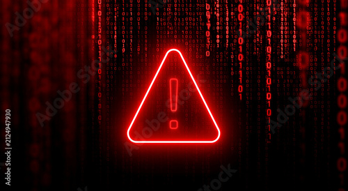 A glowing red warning icon set against a matrix of falling binary code. Digital security alert and cyber danger concept.