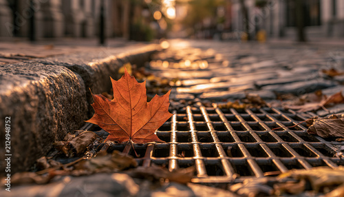 A single dried maple leaf rests on a dark metal street storm drain. Autumn mood with golden sunlight on cobblestone.